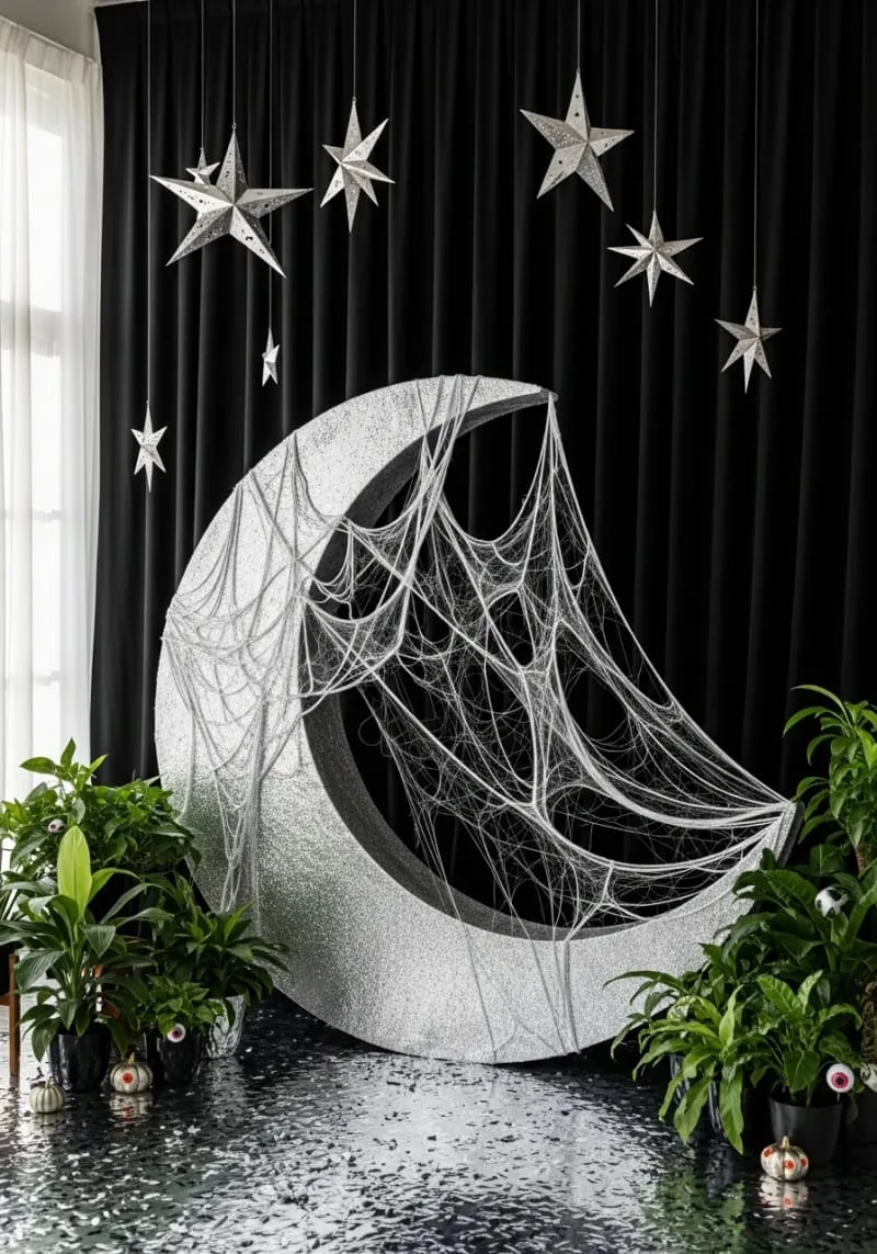 diy crescent moon photo booth with shimmering silver cobwebs 1