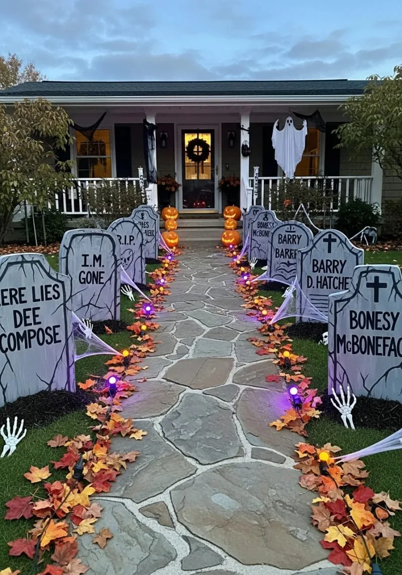 diy gravestone markers lining the walkway with quirky epitaphs 1