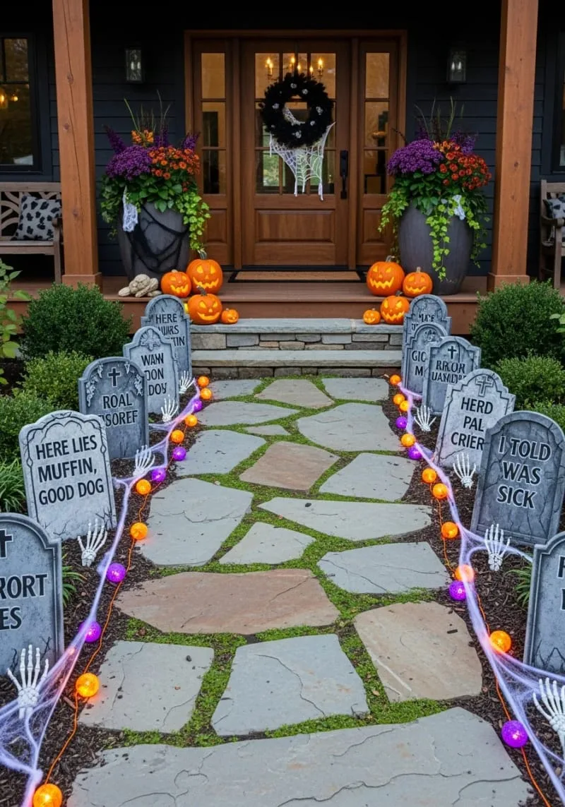 diy gravestone markers lining the walkway with quirky epitaphs 1