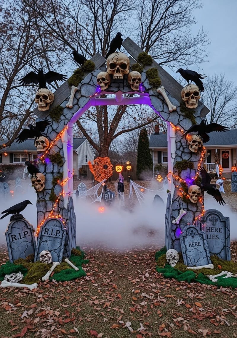 21 Unique Outdoor Halloween Decorations to Try This Year 89 diy graveyard archway entry with skulls and crows 1