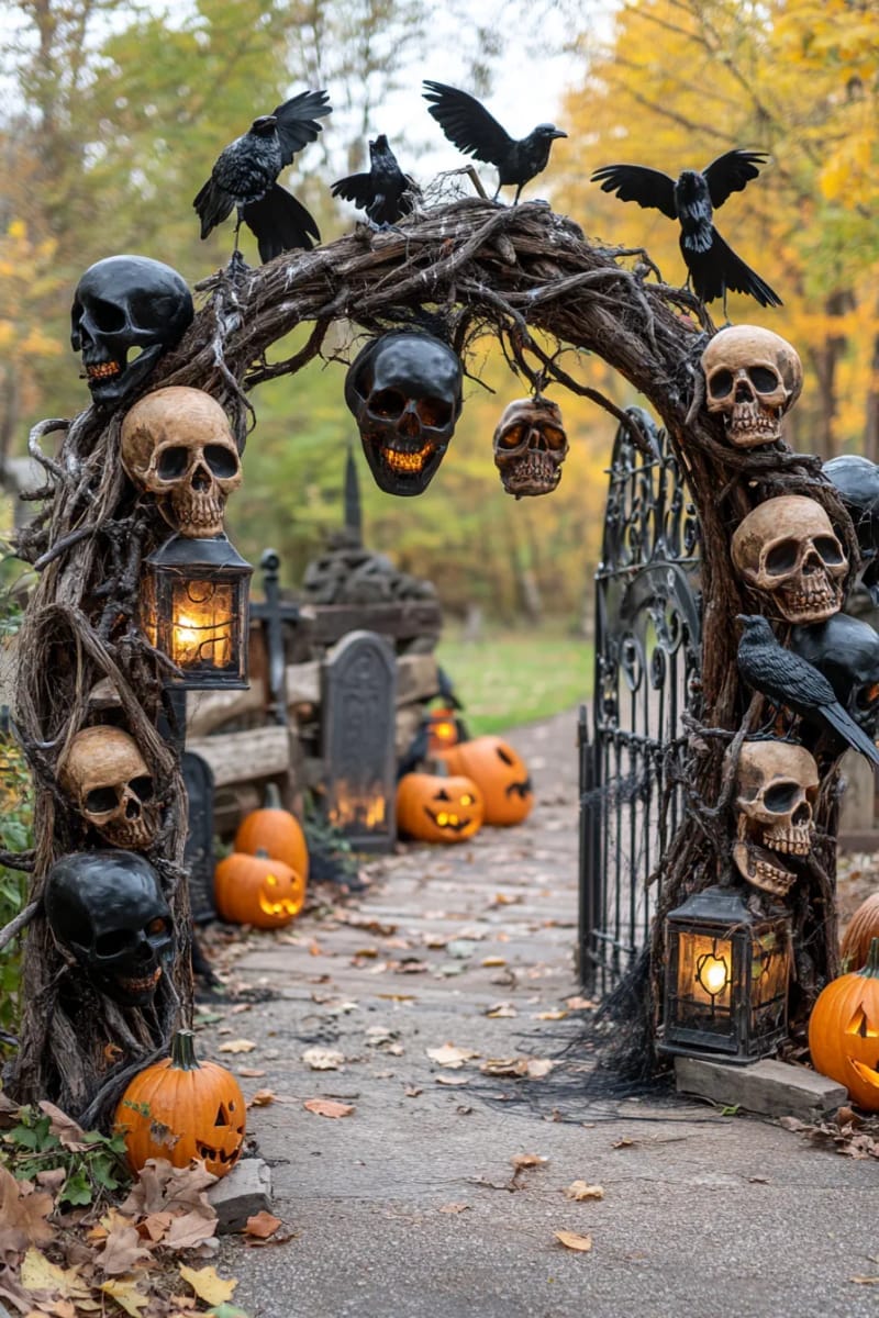 21 Unique Outdoor Halloween Decorations to Try This Year 92 diy graveyard archway entry with skulls and crows 1