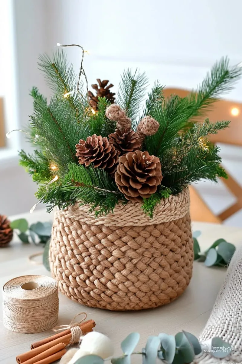 31 Trendy Christmas Decor Ideas for a Magical Home 37 diy jute basket vase filled with pine branches and natural pinecones 1