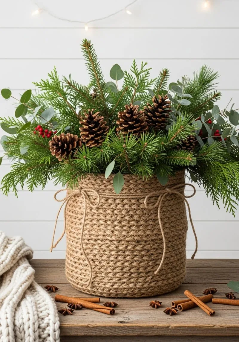 31 Trendy Christmas Decor Ideas for a Magical Home 38 diy jute basket vase filled with pine branches and natural pinecones 1
