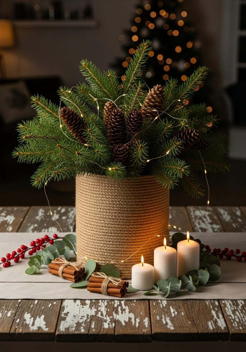 diy jute basket vase filled with pine branches and natural pinecones 1