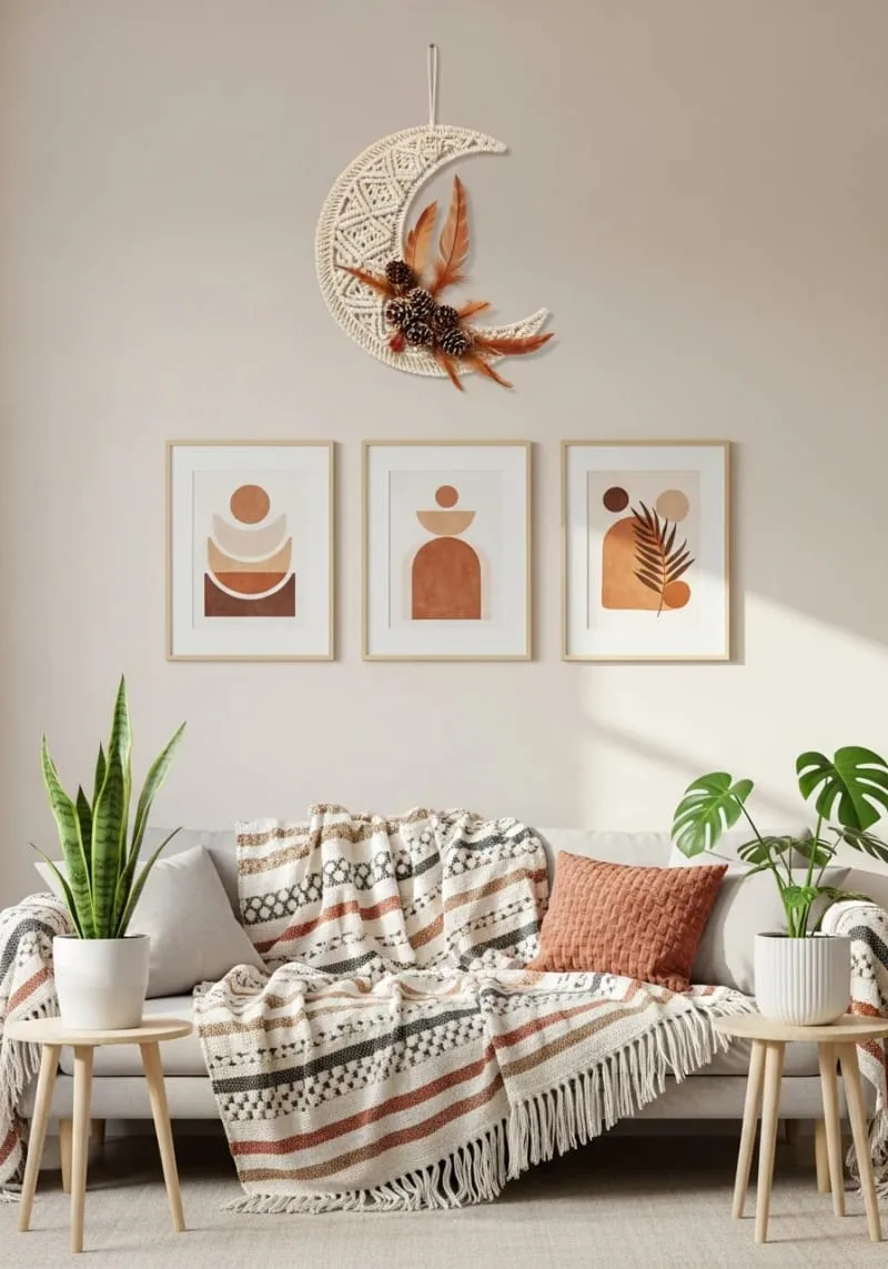 diy macramé crescent moon wreath with mini pinecones and feathers 1