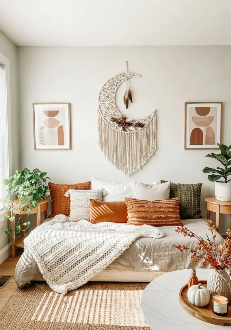 diy macramé crescent moon wreath with mini pinecones and feathers 1