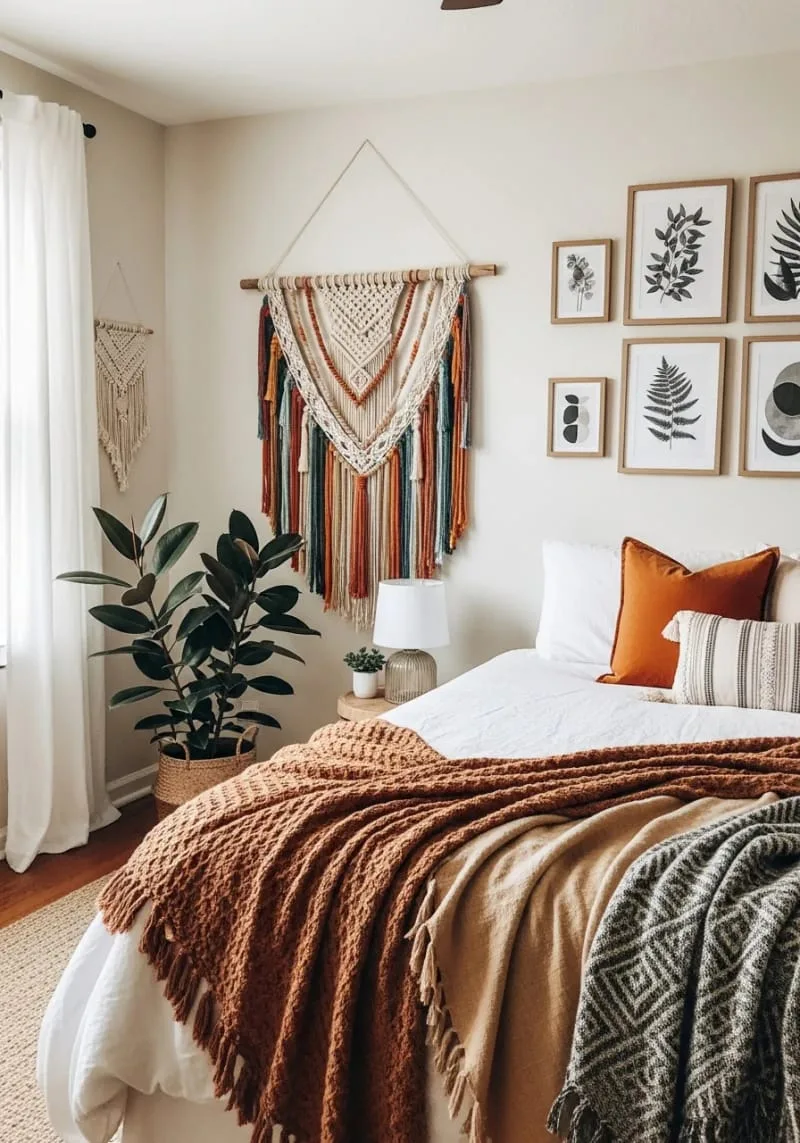 diy macramé wall hanging above a bed in a bohemian-style small bedroom 1