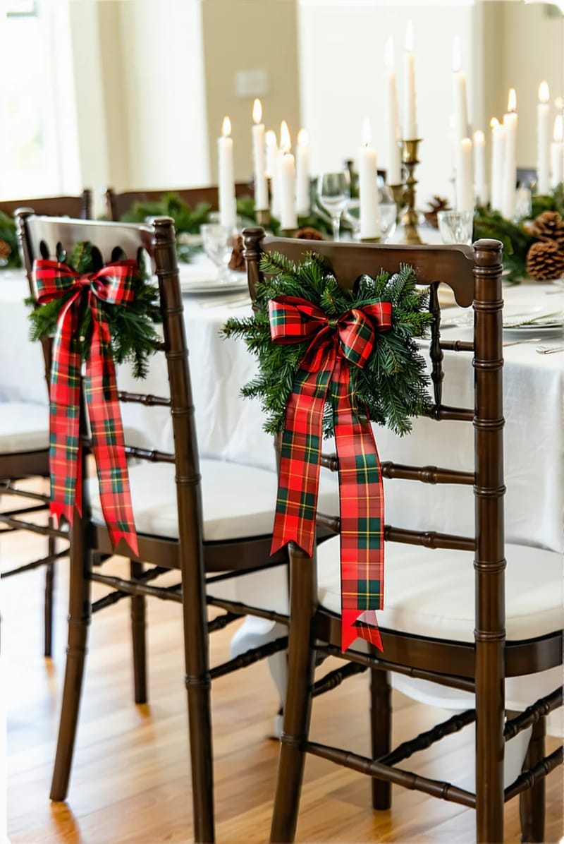 diy mini wreaths tied to dining chairs with tartan ribbon 1