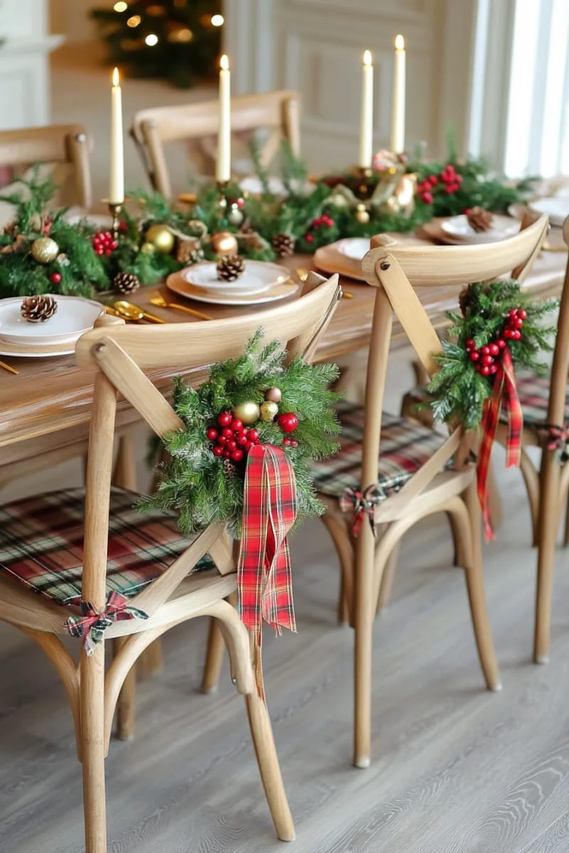 diy mini wreaths tied to dining chairs with tartan ribbon 1