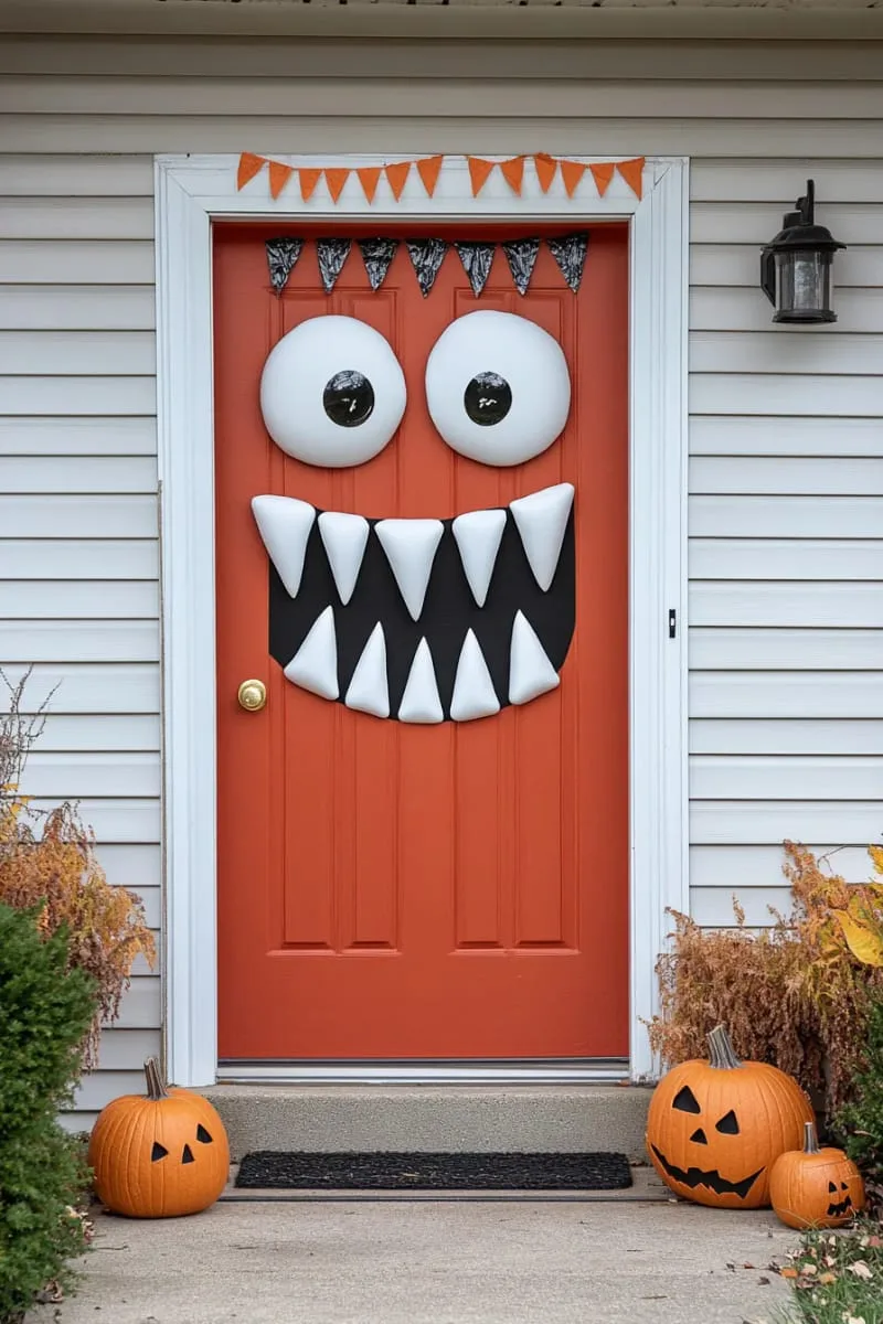 21 Creative Halloween Door Decorations: Ideas for a Festive Welcome 76 diy monster mouth door with sharp foam teeth and crazy eyes 1