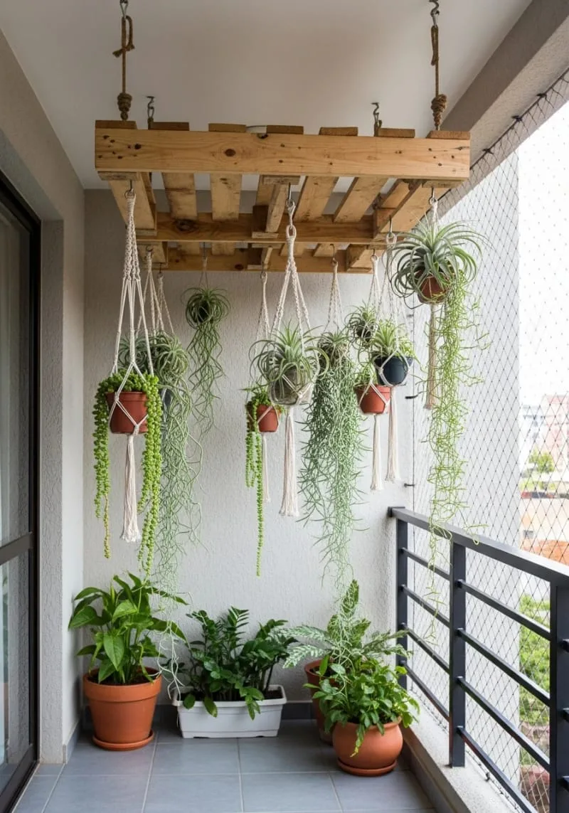 diy pallet ceiling rack for trailing succulents and air plants 1