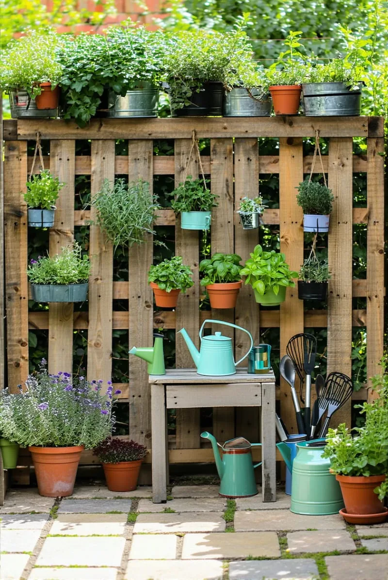 27 Unique Backyard Privacy Designs for A Serene Outdoor Oasis 12 diy pallet privacy wall with hanging herb planters 1