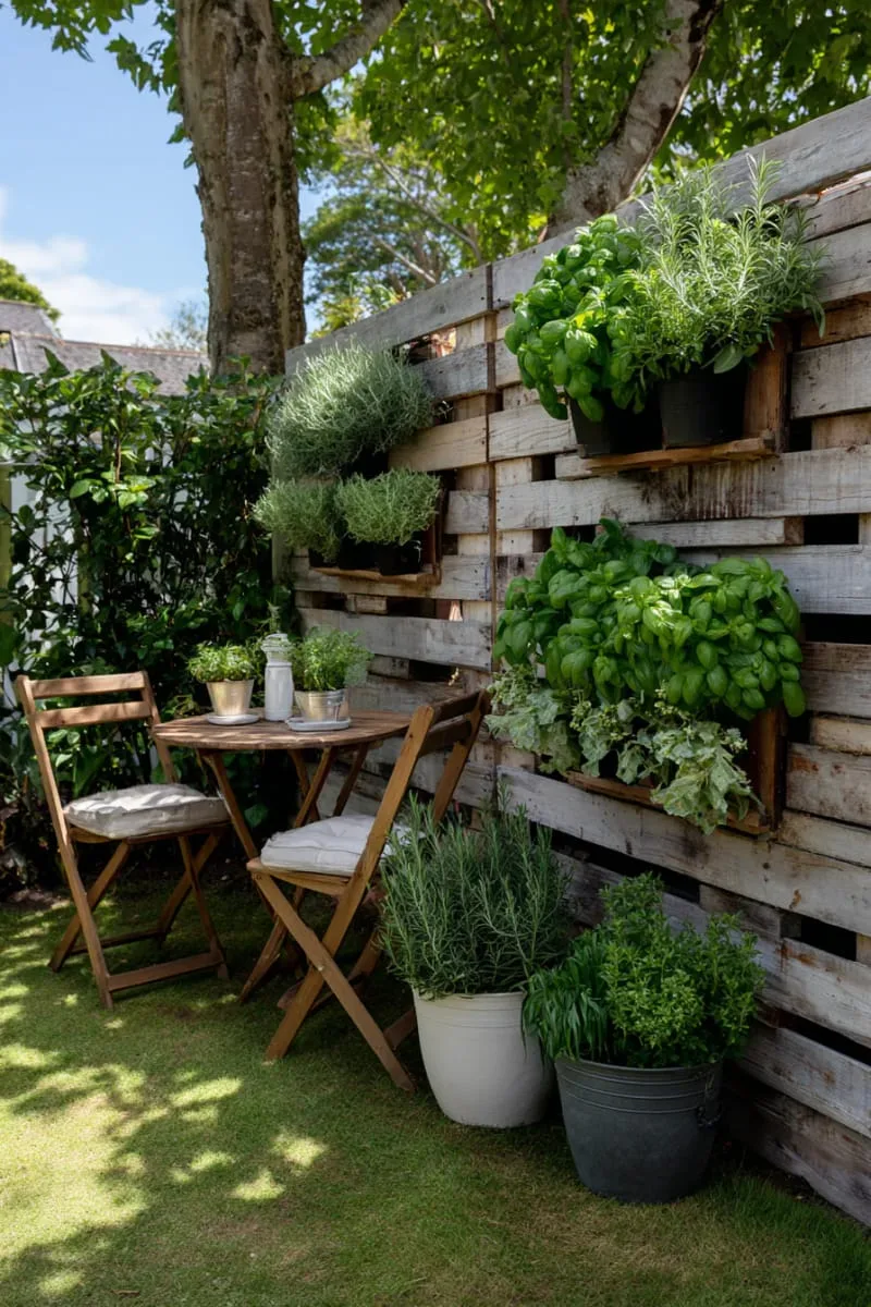 27 Unique Backyard Privacy Designs for A Serene Outdoor Oasis 13 diy pallet privacy wall with hanging herb planters 1