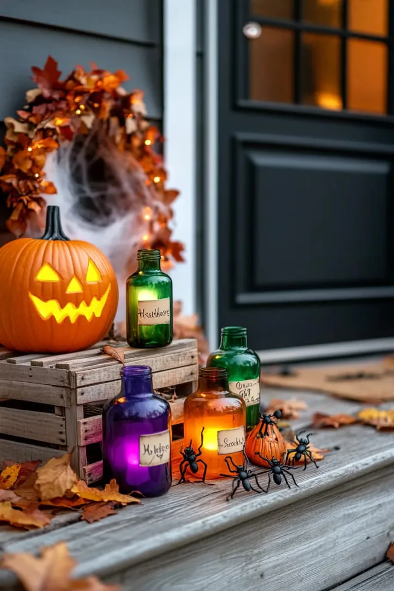21 Halloween Porch Decorations: Ideas For A Unique Festive Entryway 6 diy potion bottles glowing with colored led lights 1
