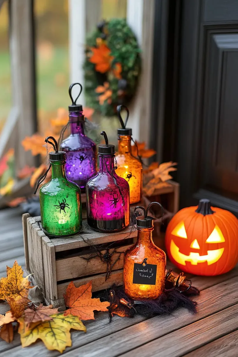 21 Halloween Porch Decorations: Ideas For A Unique Festive Entryway 7 diy potion bottles glowing with colored led lights 1