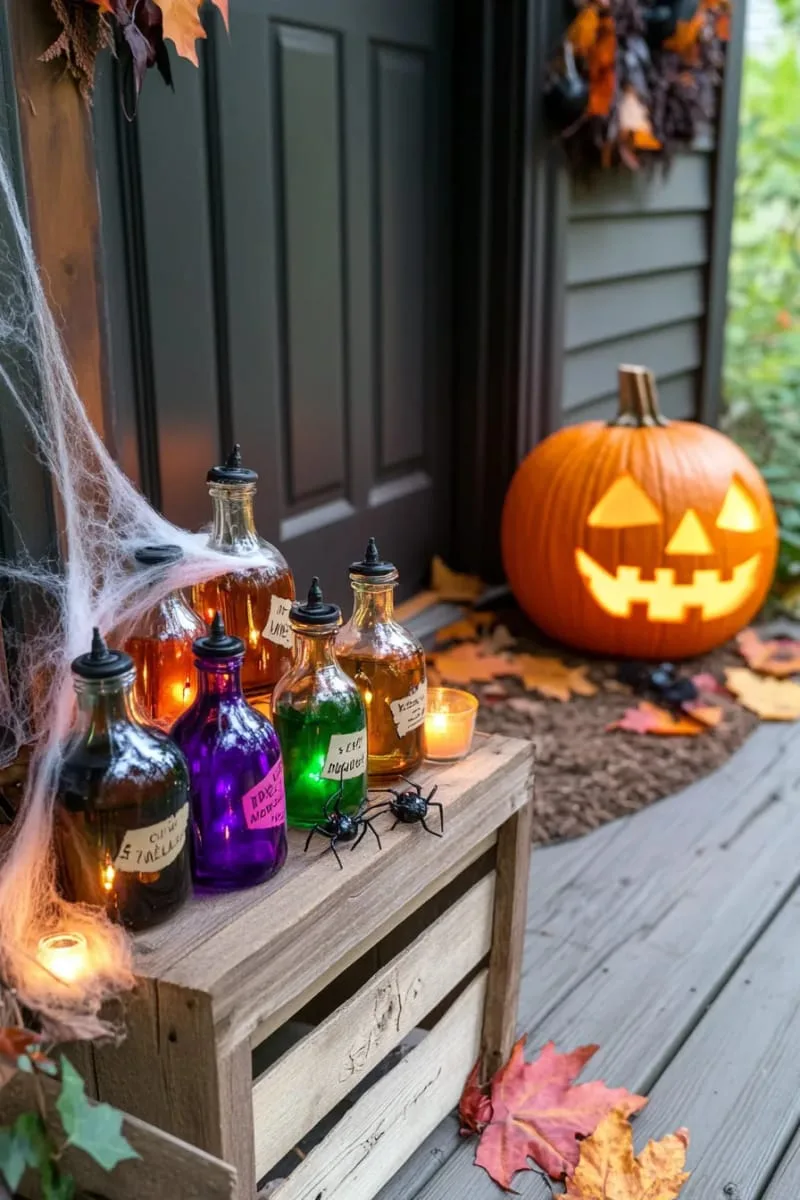 21 Halloween Porch Decorations: Ideas For A Unique Festive Entryway 10 diy potion bottles glowing with colored led lights 1