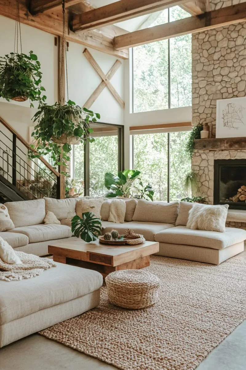 29 Unique Barndominium Interiors For Your Next Makeover 11 double-height living room featuring oversized windows and suspended greenery 1