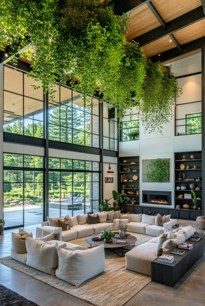 29 Unique Barndominium Interiors For Your Next Makeover 12 double-height living room featuring oversized windows and suspended greenery 1