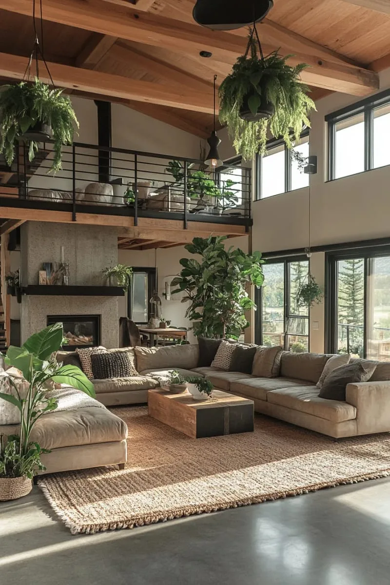 29 Unique Barndominium Interiors For Your Next Makeover 13 double-height living room featuring oversized windows and suspended greenery 1