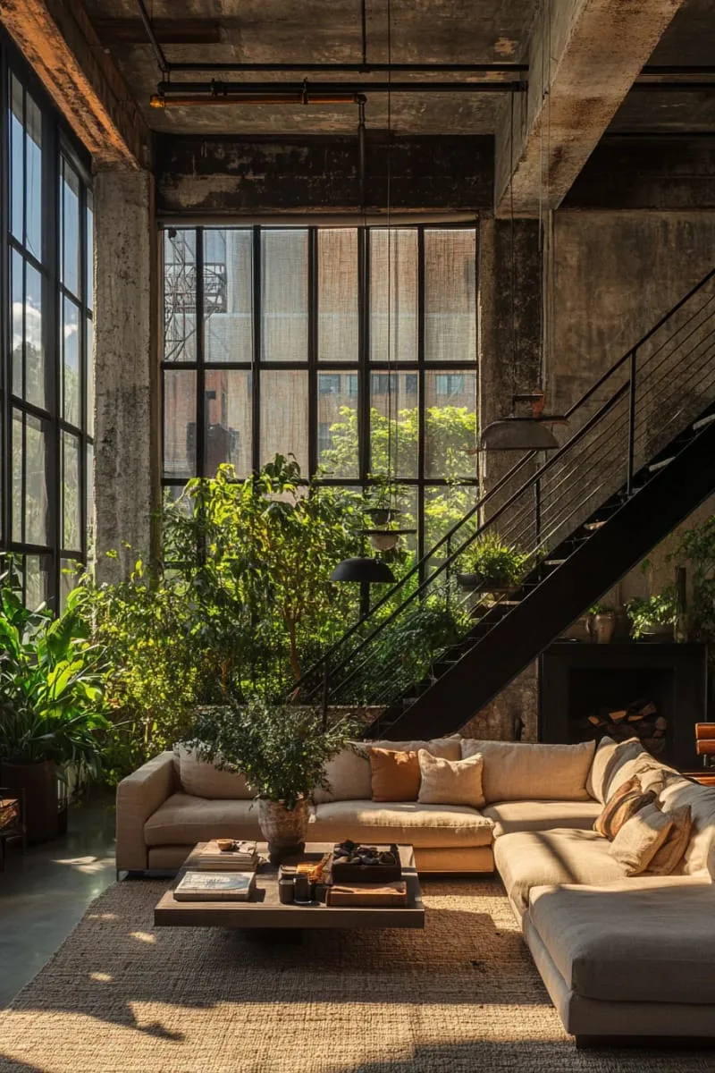 29 Unique Barndominium Interiors For Your Next Makeover 14 double-height living room featuring oversized windows and suspended greenery 1