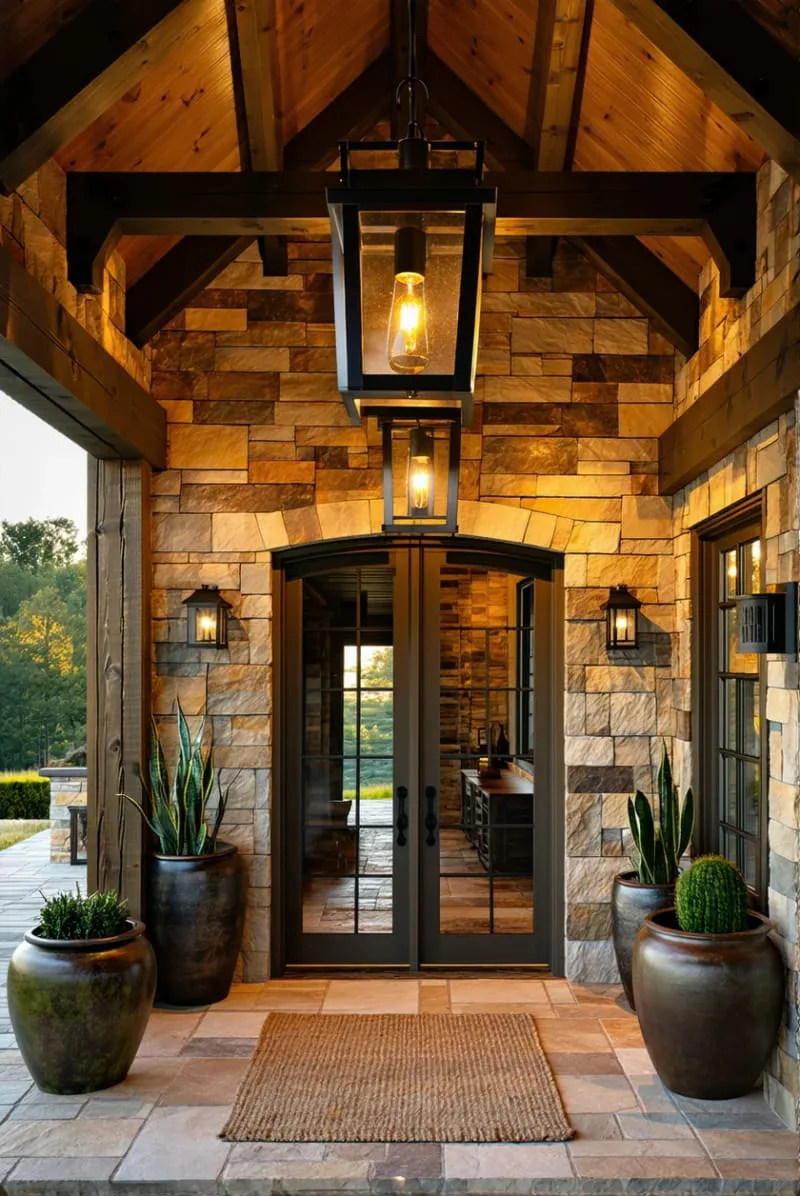 29 Unique Barndominium Interiors For Your Next Makeover 77 dramatic entryway featuring oversized barn lanterns and stone flooring 1