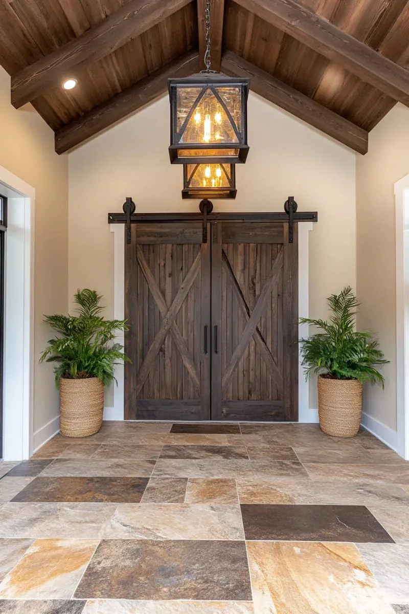 29 Unique Barndominium Interiors For Your Next Makeover 78 dramatic entryway featuring oversized barn lanterns and stone flooring 1
