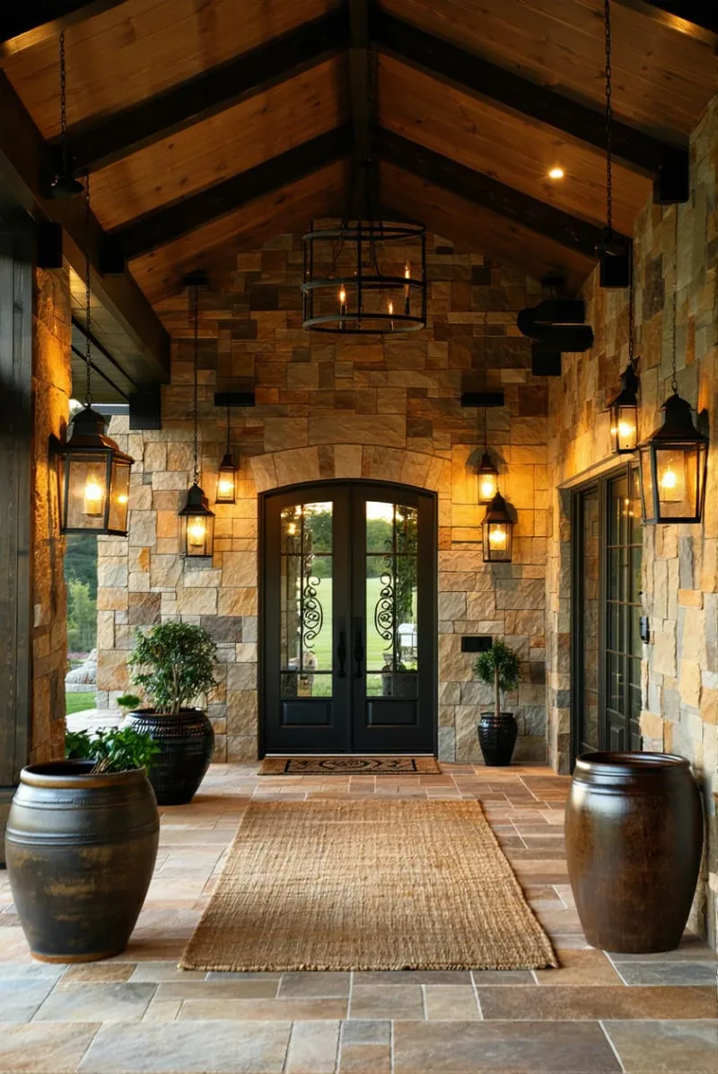 29 Unique Barndominium Interiors For Your Next Makeover 79 dramatic entryway featuring oversized barn lanterns and stone flooring 1