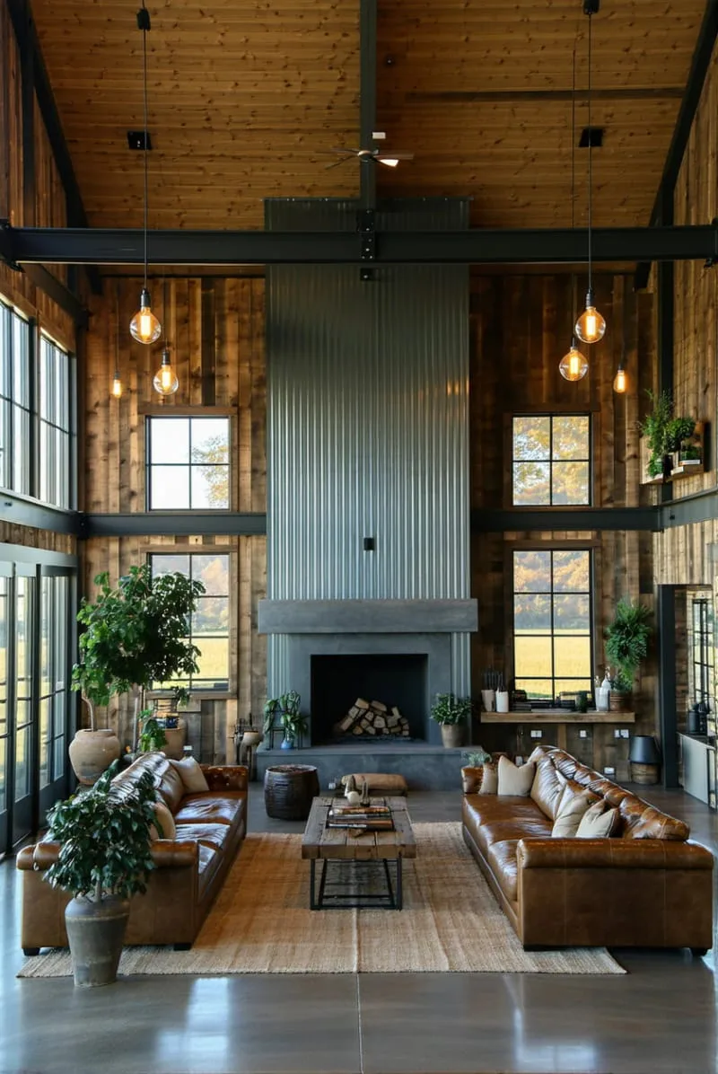 29 Unique Barndominium Interiors For Your Next Makeover 37 dramatic fireplace wall clad in corrugated metal 1