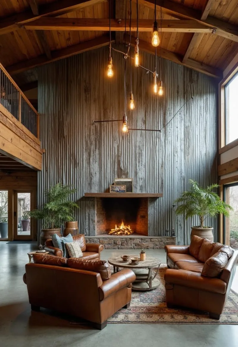 29 Unique Barndominium Interiors For Your Next Makeover 38 dramatic fireplace wall clad in corrugated metal 1