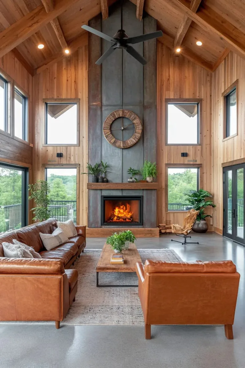 29 Unique Barndominium Interiors For Your Next Makeover 39 dramatic fireplace wall clad in corrugated metal 1