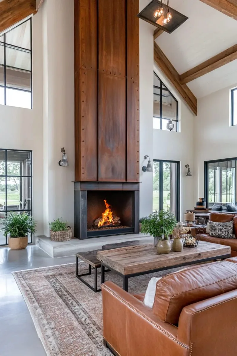 29 Unique Barndominium Interiors For Your Next Makeover 40 dramatic fireplace wall clad in corrugated metal 1