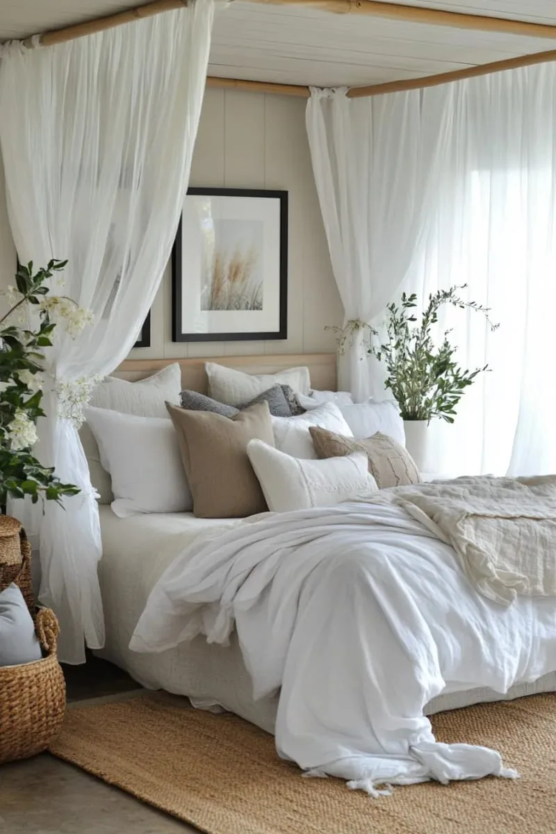 dreamy bed canopy made from sheer white curtains draped from the ceiling 1