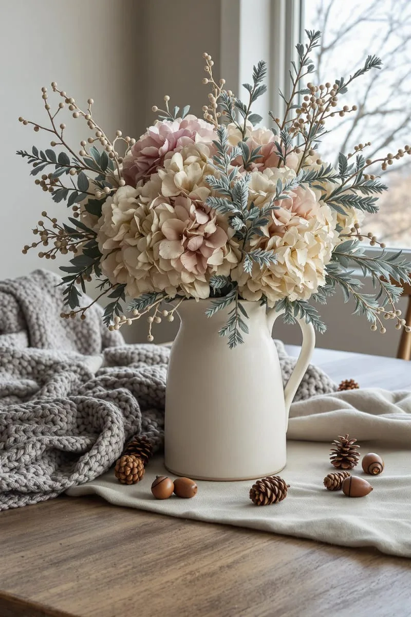 dried hydrangea and juniper bouquet in a ceramic jug 1 dried hydrangea and juniper bouquet in a ceramic jug 1