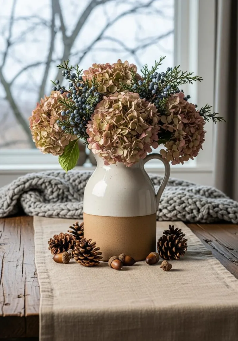dried hydrangea and juniper bouquet in a ceramic jug 1 dried hydrangea and juniper bouquet in a ceramic jug 1