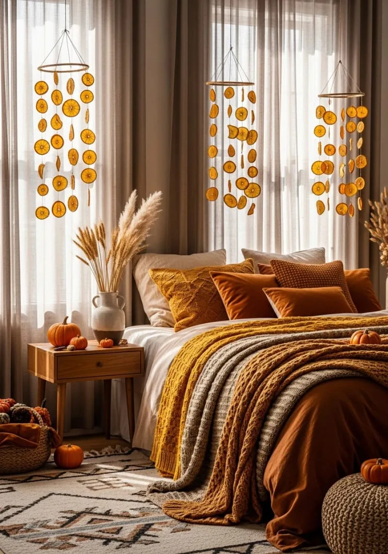 dried orange slice mobiles hanging from curtain rods 1
