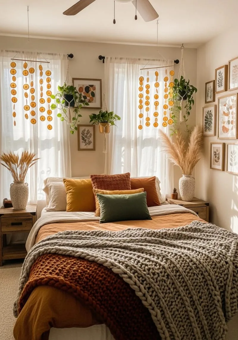 dried orange slice mobiles hanging from curtain rods 1
