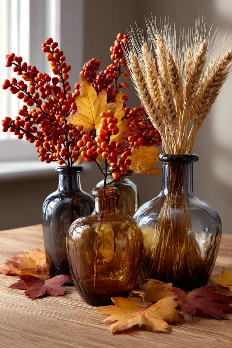 dried wheat and berry bundles in amber glass vases for autumn charm 1