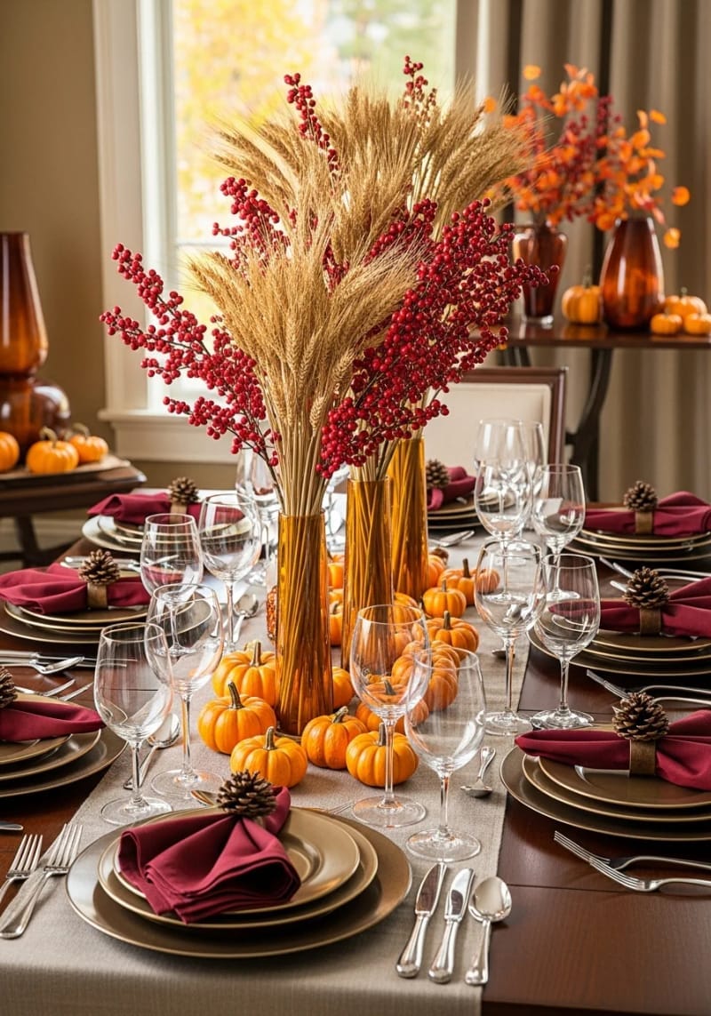 dried wheat and berry bundles in amber glass vases for autumn charm 1