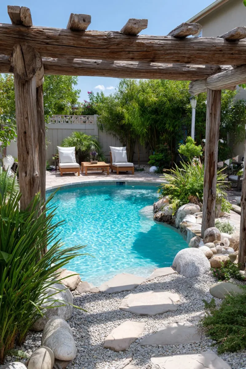 driftwood pergola next to a curved beach pool for shade 1