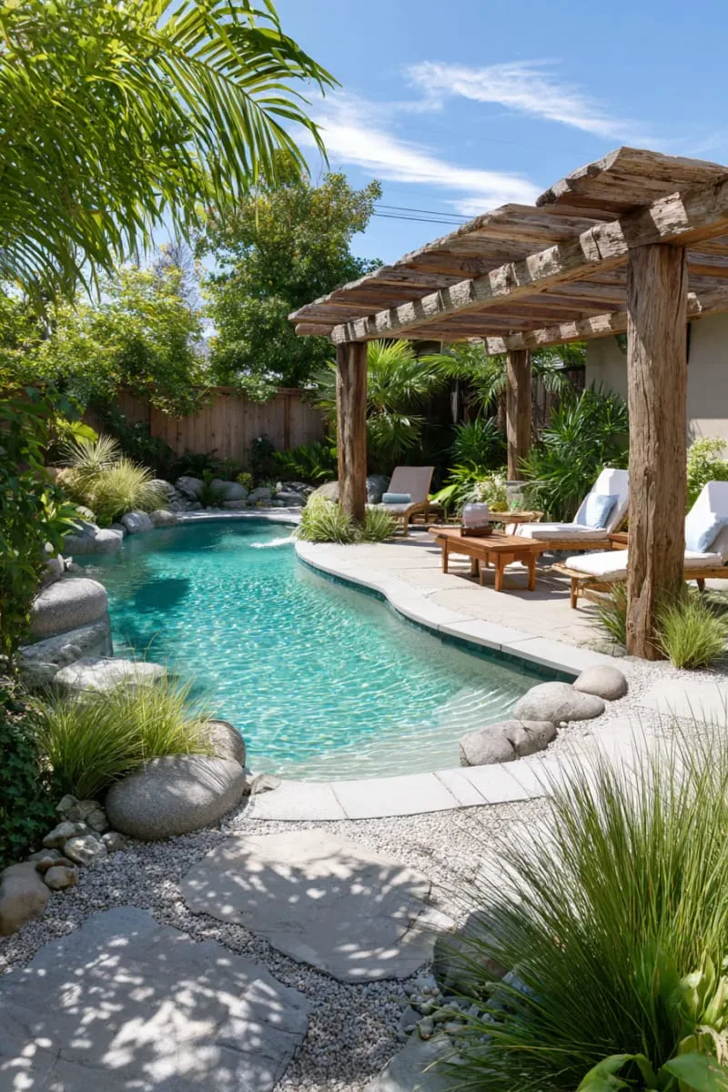 driftwood pergola next to a curved beach pool for shade 1