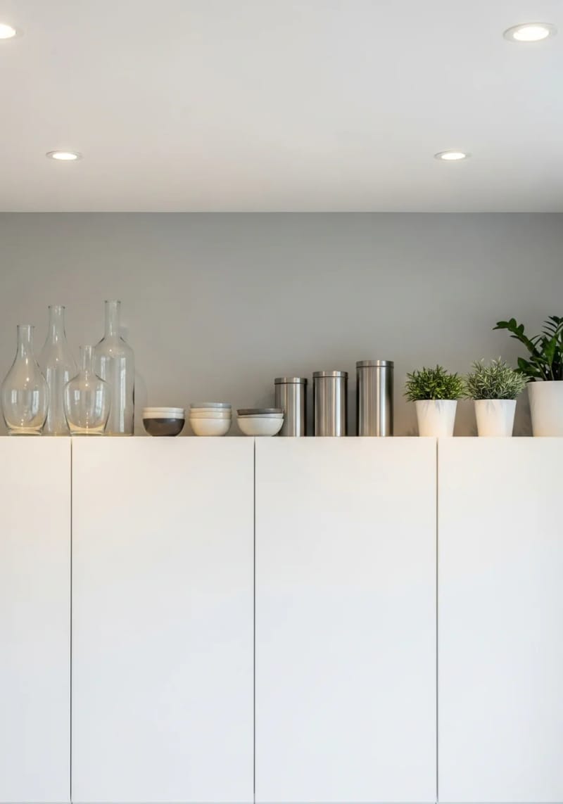 easy-to-clean decorative pieces placed thoughtfully above kitchen cabinets 1