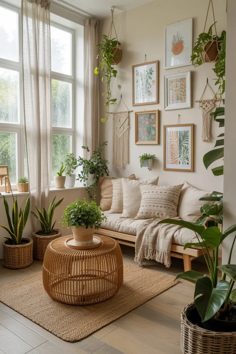 19 Small Sunroom Ideas to Brighten Small Spaces 84 eclectic gallery wall featuring botanical prints and macrame 1