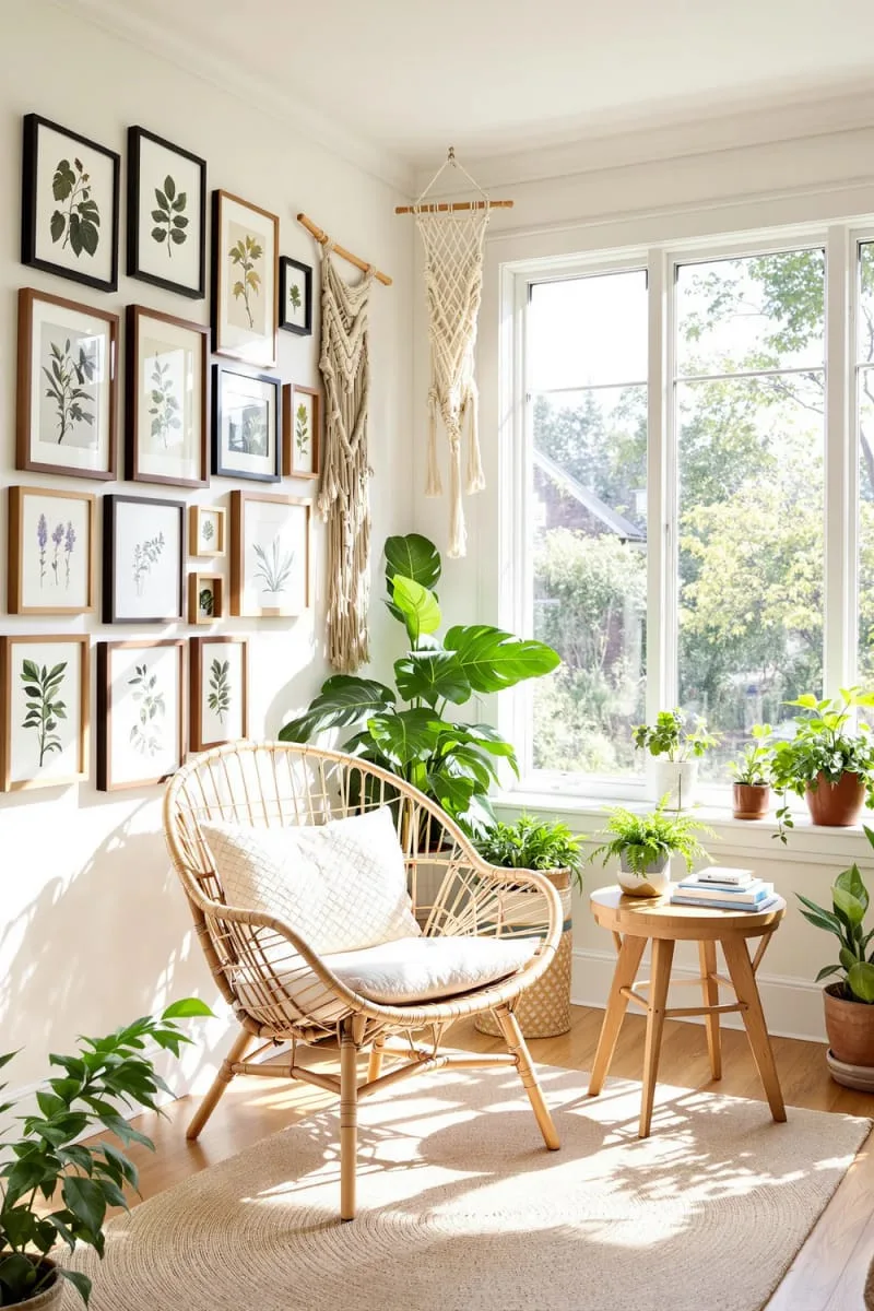 19 Small Sunroom Ideas to Brighten Small Spaces 85 eclectic gallery wall featuring botanical prints and macrame 1