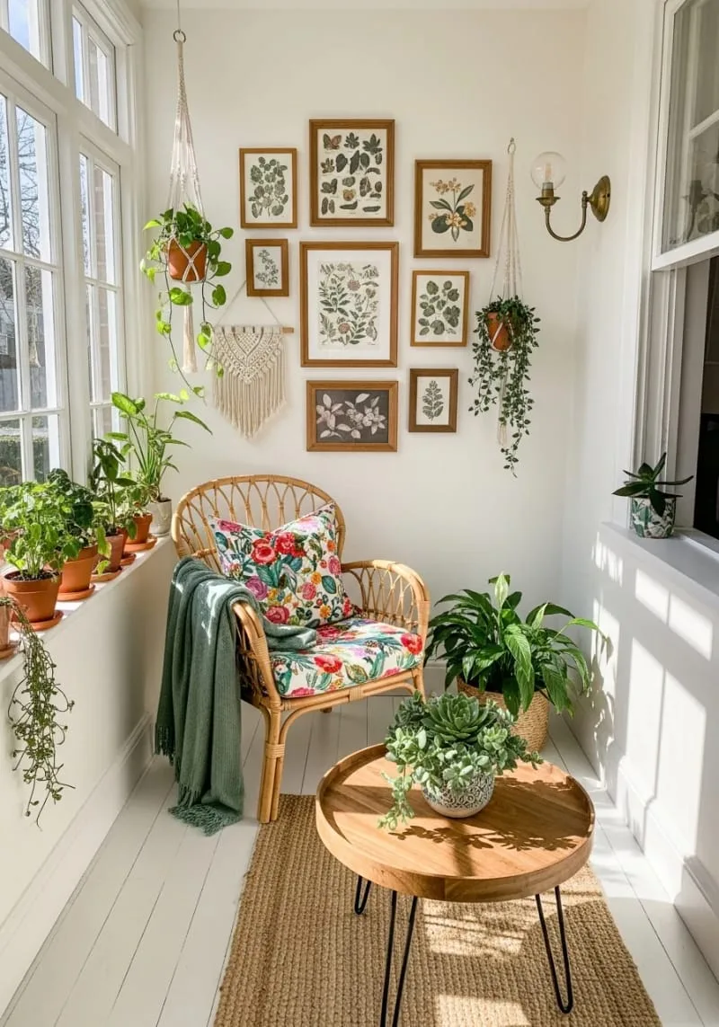 19 Small Sunroom Ideas to Brighten Small Spaces 86 eclectic gallery wall featuring botanical prints and macrame 1