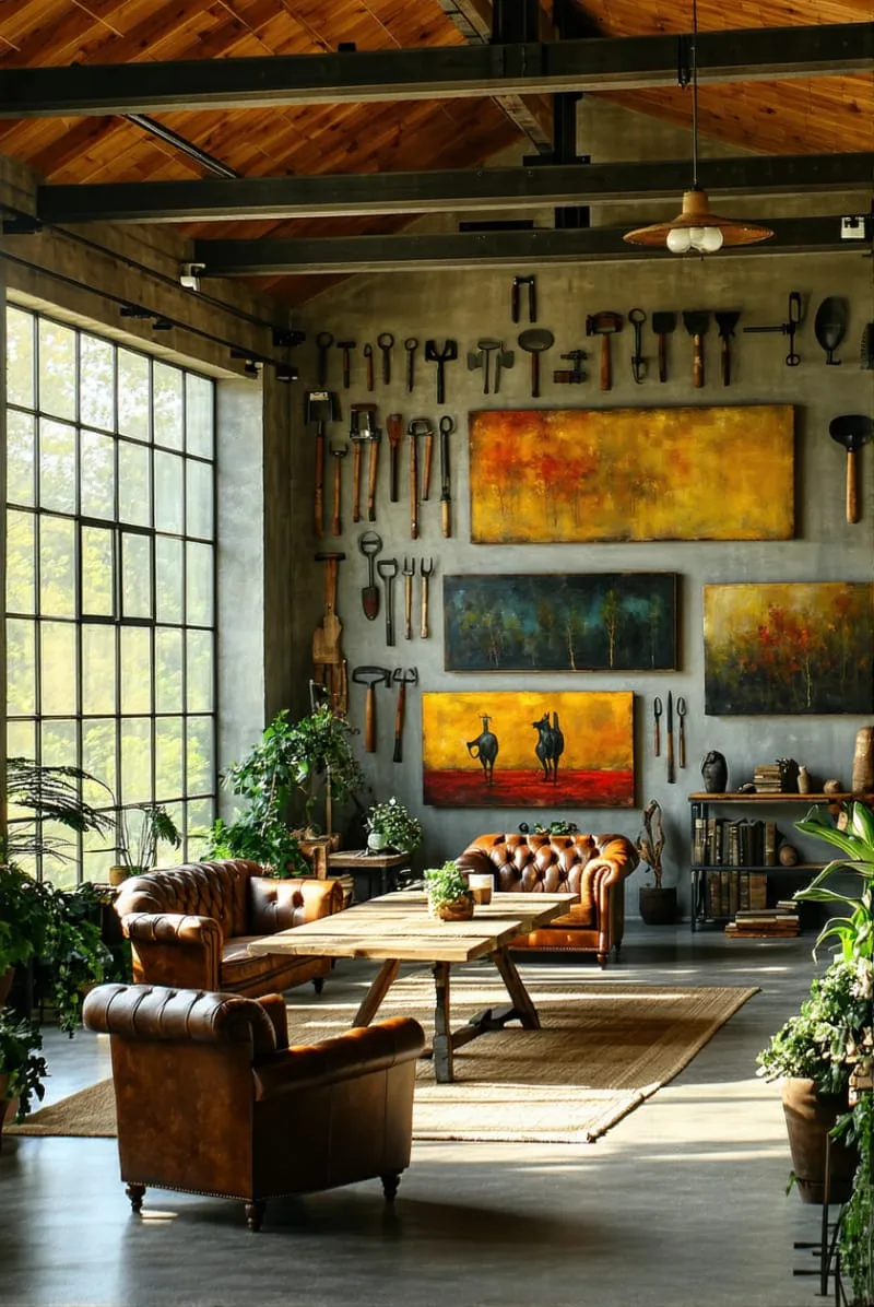 29 Unique Barndominium Interiors For Your Next Makeover 28 eclectic mix of antique farm tools and modern art displays 1