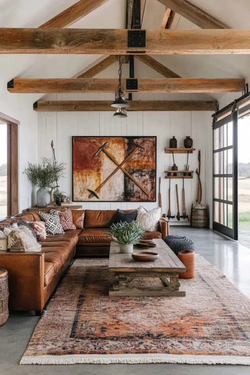 29 Unique Barndominium Interiors For Your Next Makeover 29 eclectic mix of antique farm tools and modern art displays 1