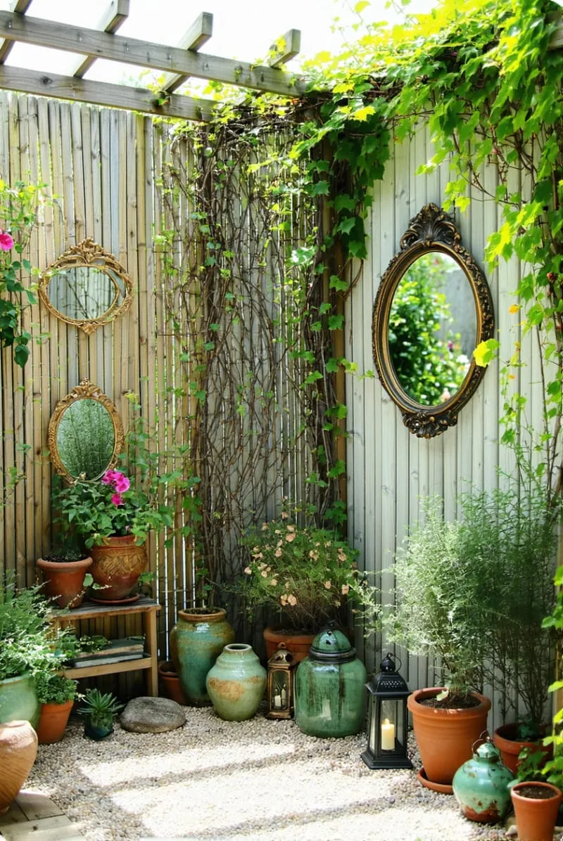 27 Unique Backyard Privacy Designs for A Serene Outdoor Oasis 68 eclectic mix of trellis, mirrors, and potted plants 1