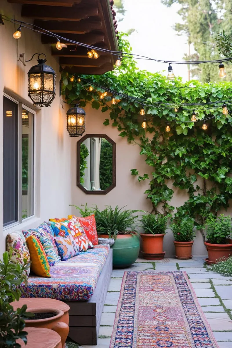 27 Unique Backyard Privacy Designs for A Serene Outdoor Oasis 69 eclectic mix of trellis, mirrors, and potted plants 1