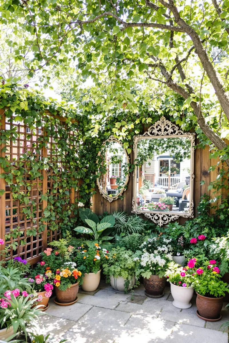 27 Unique Backyard Privacy Designs for A Serene Outdoor Oasis 70 eclectic mix of trellis, mirrors, and potted plants 1