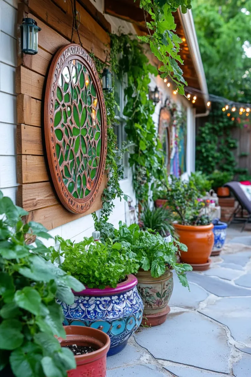 27 Unique Backyard Privacy Designs for A Serene Outdoor Oasis 71 eclectic mix of trellis, mirrors, and potted plants 1